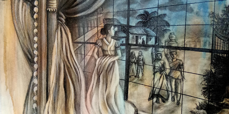  A painting depicting a woman gazing thoughtfully out of a window, capturing a moment of reflection and serenity.