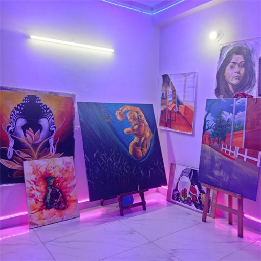 artistic room with paintings